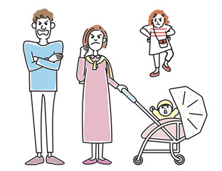 ベビーカーの乗る赤ちゃんと若い夫婦と女の子
