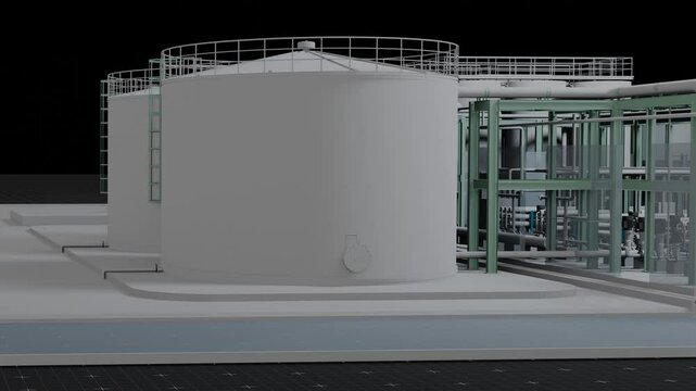 Water treatment plant, seamless 3d loop animation realistic, filtration system, generic