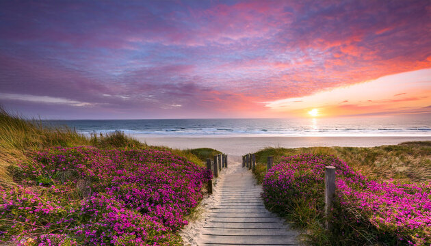 plage l'&eacute;t&eacute;, chemin d&rsquo;acc&egrave;s, paysage de vacances en bord de mer et coucher de soleil