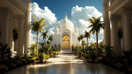 A majestic palace entrance surrounded by lush greenery and vibrant clouds, evoking a sense of tranquility and elegance.