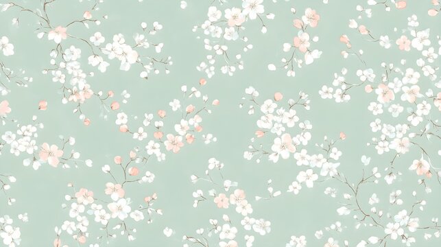 Watercolor Floral Pattern with White and Pink Flowers on a Green Background