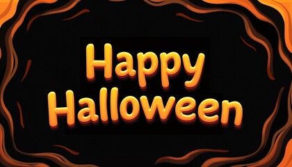 A Background of Swirling Black and Orange with 'Happy Halloween' in a Playful, Bubble-Like Text