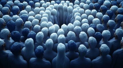 Fototapeta premium A unique aerial view of abstract human figures, creating a captivating pattern in shades of blue, symbolizing unity and diversity.