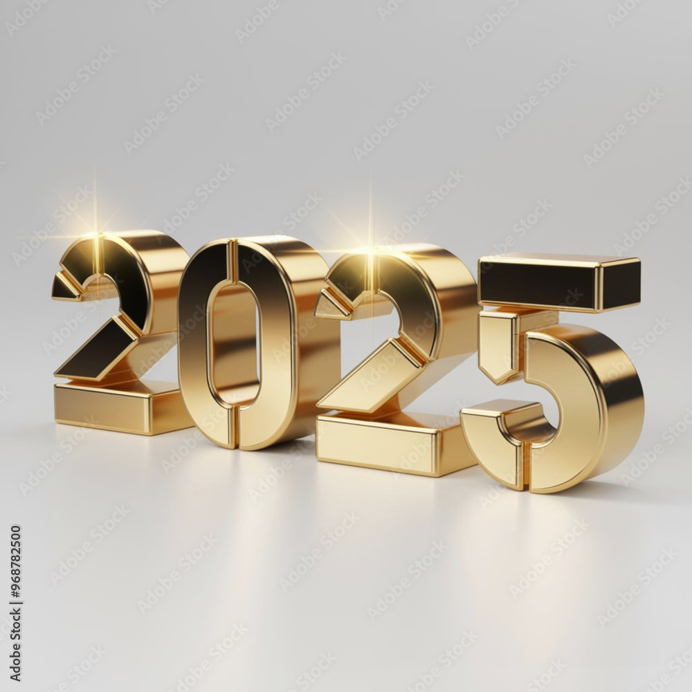 Fototapete 3d text effect 2025 number for new year celebration design content element, golden 2025 shiny and gl