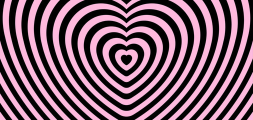 Gothic heart tunnel background. Groovy cover with hypnotic effect, love wallpaper in pink and black colors. Vector illustration