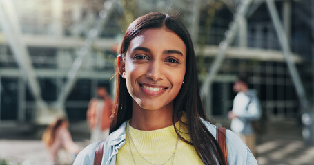 Woman, outdoor and portrait of student at university for education, learning and bag for studying. Female person, backpack and start of future for knowledge, academy and college institute in India