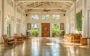 Fototapeta premium Modern living room with marble floor, plants and wooden tables and chairs. Created with Ai