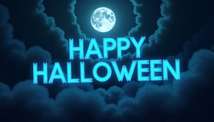 Fototapeta premium A Dark, Moonlit Sky with Swirling Clouds and 'Happy Halloween' in Bright, Electric Blue Text