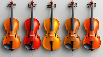 Fototapeta premium A vibrant collection of five beautifully crafted violins, showcasing a spectrum of warm colors and intricate details.