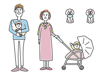 オシャレな若い夫婦と赤ちゃんと子犬