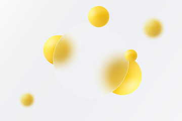 Yellow spheres with defocused transparent frame. Abstract background in glass morphism style.