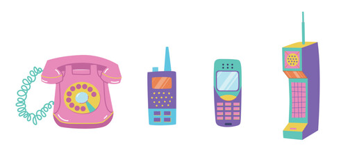 Retro communication devices set. Cartoon rotary phone, cell phone, mobile phone and walkie talkie. Vintage technology from the 1980s 1990s