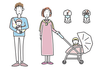 オシャレな若い夫婦と赤ちゃんと子犬