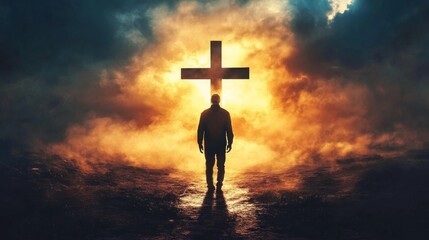 A man standing in front of a glowing cross, surrounded by dramatic clouds and light, symbolizing faith and spirituality Man, glowing cross, dramatic clouds, faith, spirituality