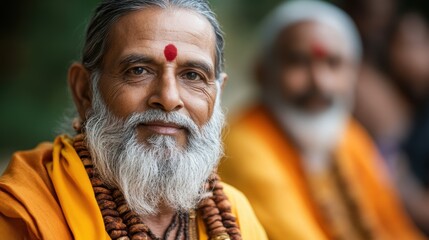 Fototapeta premium A serene portrait of an elderly man with a beard, adorned in traditional attire, exuding wisdom and spirituality.