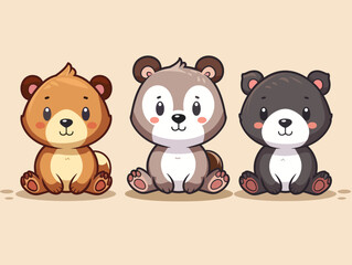 Three bears are sitting on a brown background. They are all smiling and looking at the camera. The bears are cute and cuddly, and the scene gives off a warm and friendly vibe