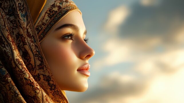 A serene portrait of a young woman in a beautifully patterned headscarf, gazing thoughtfully into the horizon.