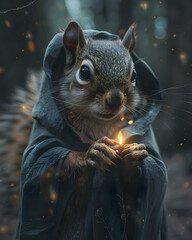 Squirrel wearing a wizard's robe, casting spells in a dark forest