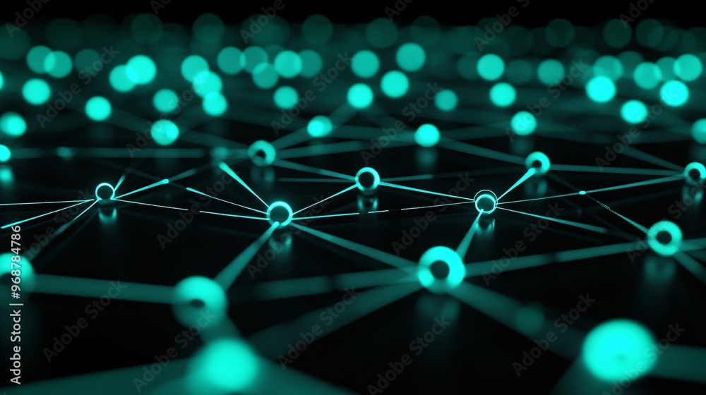 Aufkleber Futuristic digital grid with neon blue and green lines intersecting on a dark background glowing circuit patterns representing an interconnected data network Large space for text in center Stock