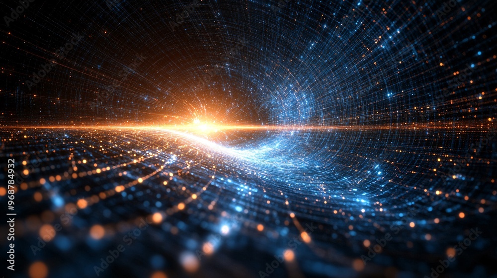 Aufkleber Abstract quantum computing visualization with flowing particles and qubits glowing as orbs or waves dynamic waveforms depicting the complexity of quantum technology Large space for text in center