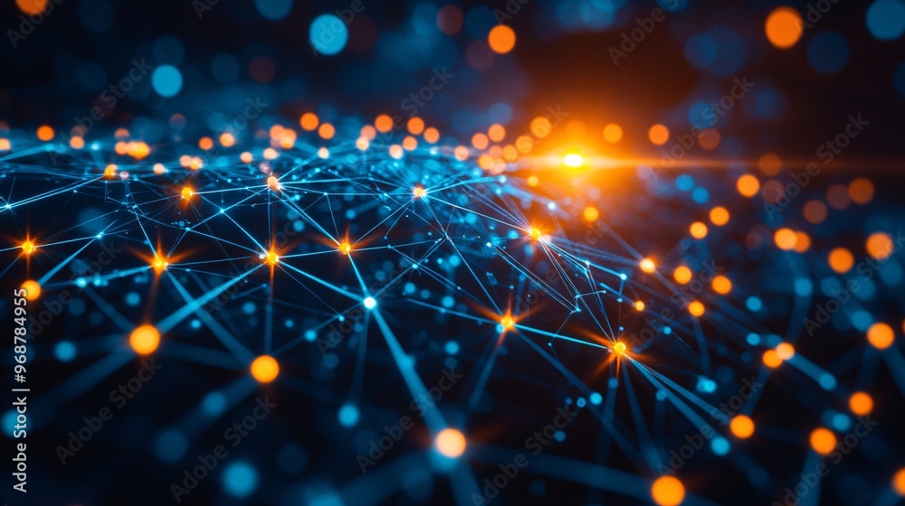 Aufkleber AI neural network web with interconnected glowing nodes and lines representing machine learning data points glowing in vibrant colors Large space for text in center Stock photo with copy space