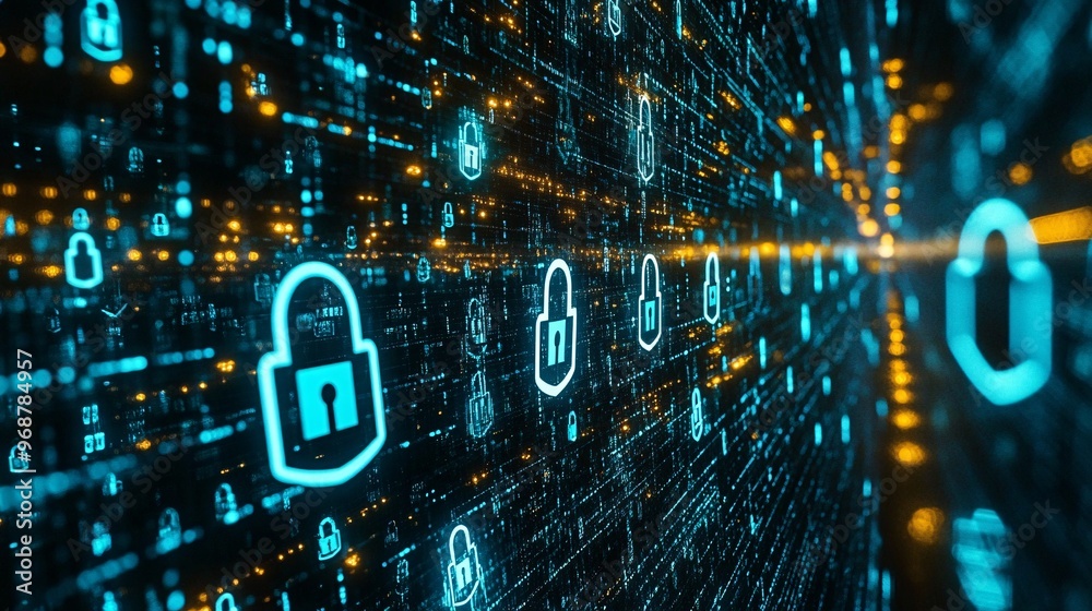 Aufkleber Cybersecurity matrix with floating code locks and shield icons on a dark digital background with green and blue tech tones Large space for text in center Stock photo with copy space