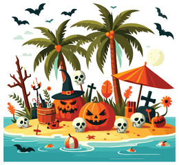 Halloween beach illustration with jack-o'-lanterns and skulls on island background, spooky theme