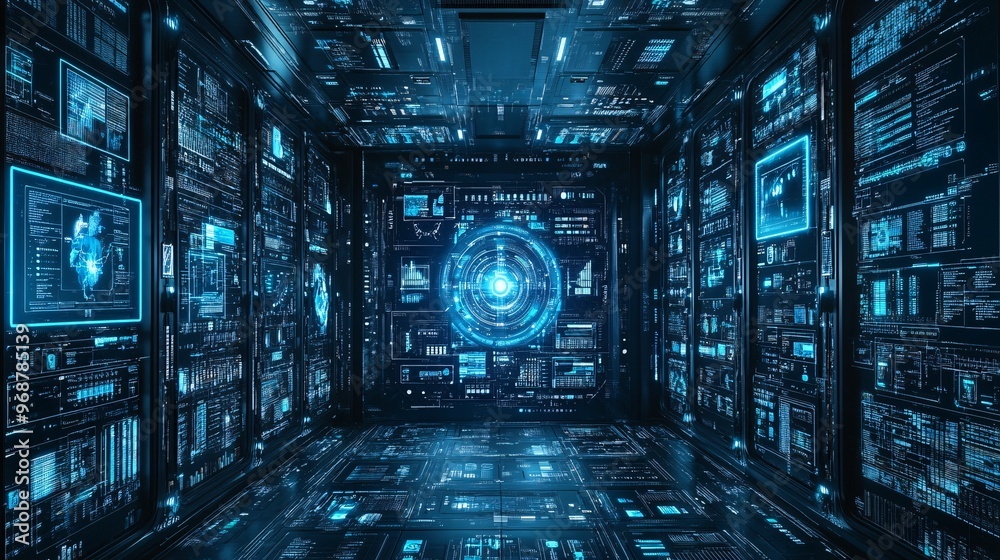 Poster Holographic user interface with floating transparent buttons and data screens in a futuristic environment abstract interaction elements enhancing the digital experience Large space for text in center