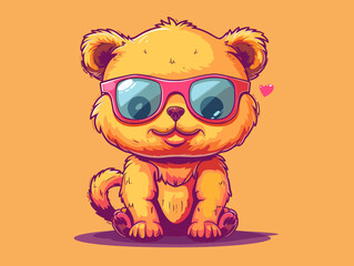 Naklejka premium A cartoon bear wearing sunglasses and a heart on its chest. The bear is sitting on a yellow background