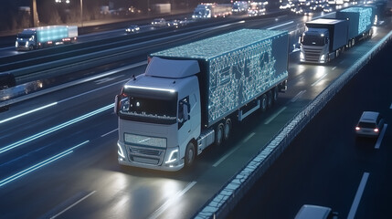 Fototapeta premium AI-Managed Fleet of Autonomous Trucks Efficiently Delivering Goods Across Smart Highways. Advanced Transportation System Optimizing Logistics and Freight Management with Automated Vehicles