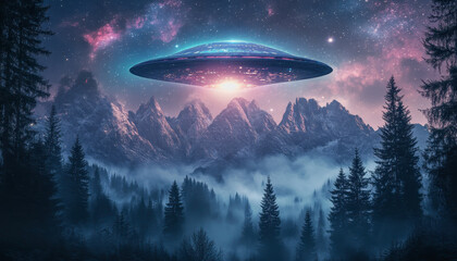 Obraz premium UFO over misty mountains and forest, glowing in a starry sky with colorful nebulae above