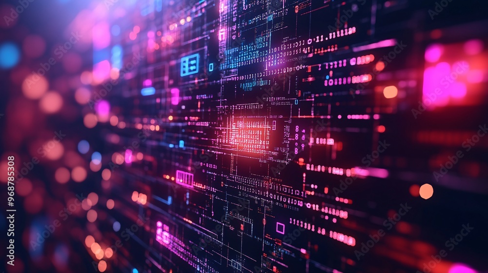 Poster Glowing binary code streams flowing in a digital pattern across a dark tech-inspired background symbolizing data movement and cyber technology Large space for text in center Stock photo with copy