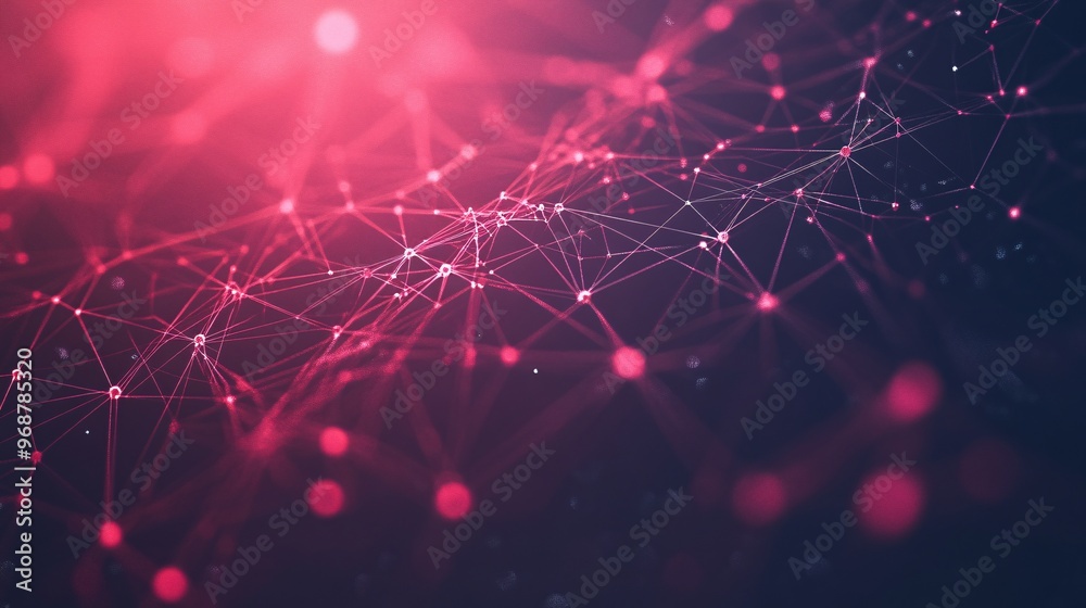 Poster Matrix of interconnected nodes and lines in vibrant neon colors representing data flow and connectivity within a digital network futuristic cyber landscape Large space for text in center Stock photo