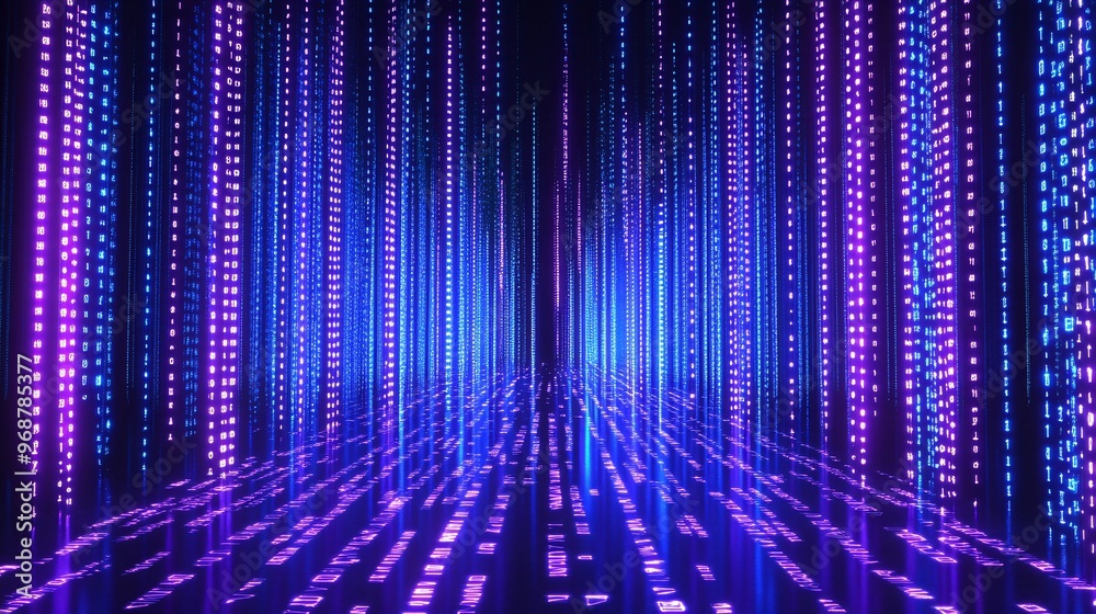 Poster Glowing binary code streams flowing in a digital pattern across a dark tech-inspired background symbolizing data movement and cyber technology Large space for text in center Stock photo with copy