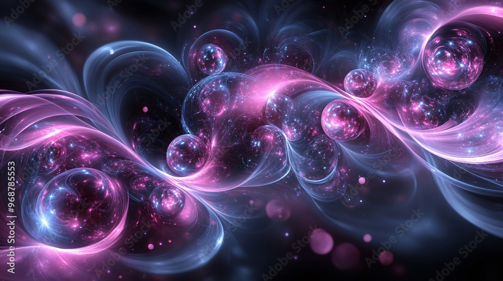 Aufkleber Dynamic quantum computing background with layered orbs representing qubits swirling in a complex pattern of energy waves futuristic science concept Large space for text in center Stock photo with