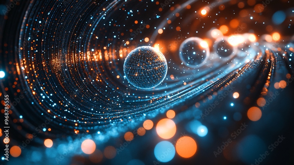 Poster Dynamic quantum computing background with layered orbs representing qubits swirling in a complex pattern of energy waves futuristic science concept Large space for text in center Stock photo with