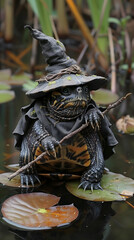 Obraz premium Turtle dressed as a wizard with a tiny wand in a mystical pond