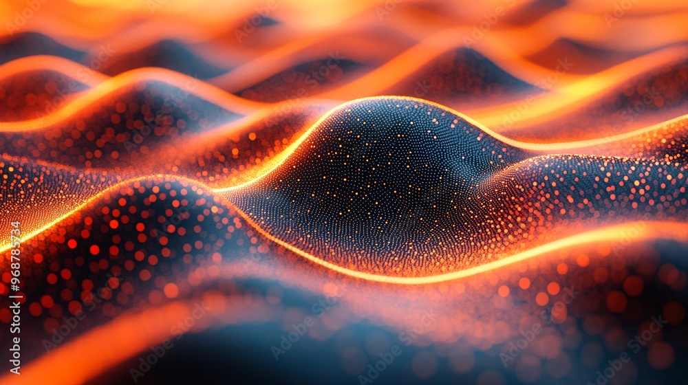 Poster Futuristic data stream visualization with flowing lines and glowing digital particles moving through a 3D grid symbolizing high-tech connectivity Large space for text in center Stock photo with copy