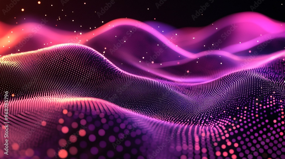 Aufkleber Futuristic data stream visualization with flowing lines and glowing digital particles moving through a 3D grid symbolizing high-tech connectivity Large space for text in center Stock photo with copy