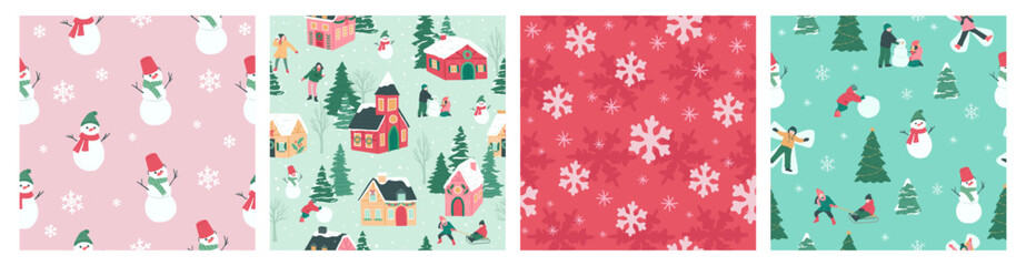 Set of Winter Christmas snowman seamless pattern vector illustration