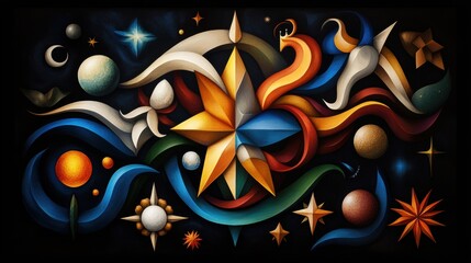 Fototapeta premium Colorful abstract artwork featuring celestial elements like stars, planets, and swirling patterns, evoking a sense of wonder.