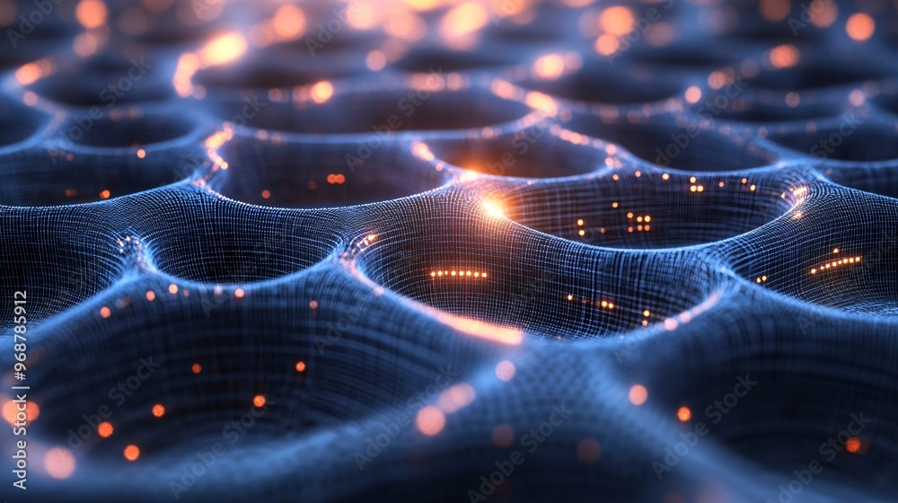 Aufkleber AI neural network interface glowing with bright nodes and interconnecting lines representing the processing of vast amounts of machine learning data Large space for text in center Stock photo with