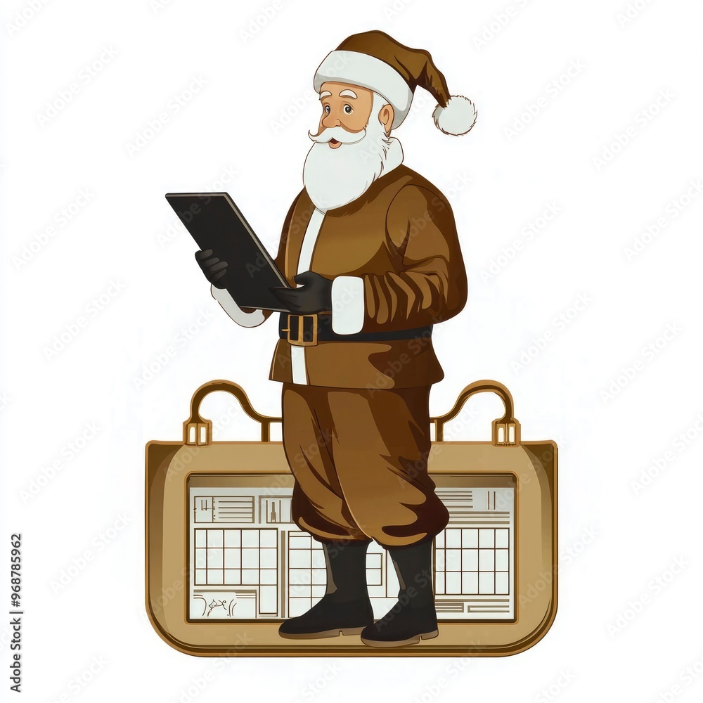 Wall mural Santa Claus Checking Christmas List on Tablet