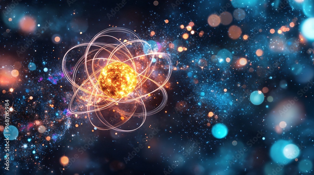 Aufkleber Abstract quantum visual with particle waves and glowing qubits surrounded by energy lines in motion representing advanced technology Large space for text in center Stock photo with copy space