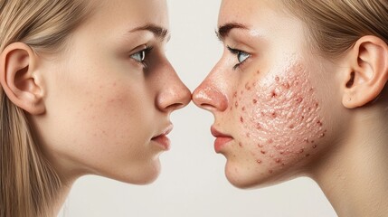 Fototapeta premium Visual Study of Youth and Acne Scar Contrast on Woman’s Facial Features Against White Background