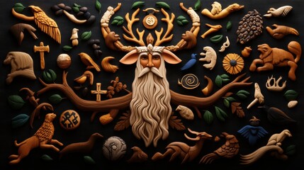 Intricate illustration of nature and wildlife featuring a majestic deer head, lush foliage, and various animal representations.