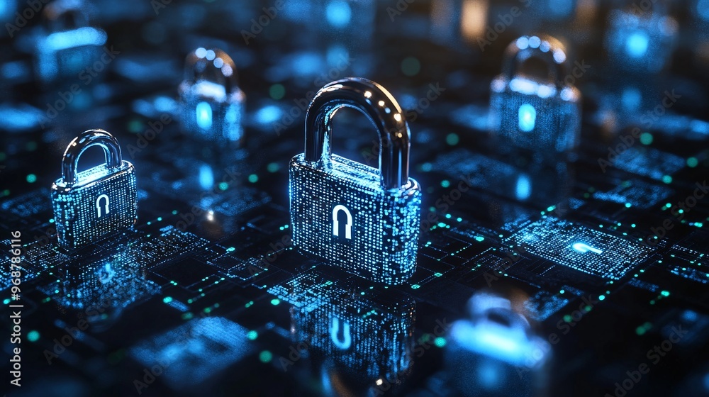 Fototapete Cybersecurity code matrix with flowing green and blue digital data encrypted codes floating on a dark background with locks symbolizing protection Large space for text in center Stock photo with copy