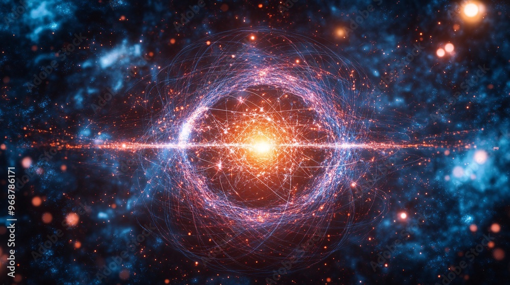 Aufkleber Abstract quantum visual with particle waves and glowing qubits surrounded by energy lines in motion representing advanced technology Large space for text in center Stock photo with copy space