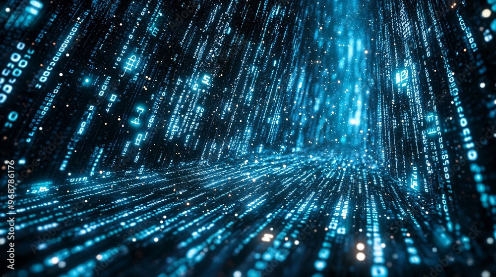 Poster Cybersecurity code matrix with flowing green and blue digital data encrypted codes floating on a dark background with locks symbolizing protection Large space for text in center Stock photo with copy
