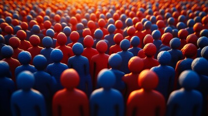 Obraz premium An abstract representation of a diverse crowd with blue and red figures, symbolizing unity and individuality in a vibrant setting.